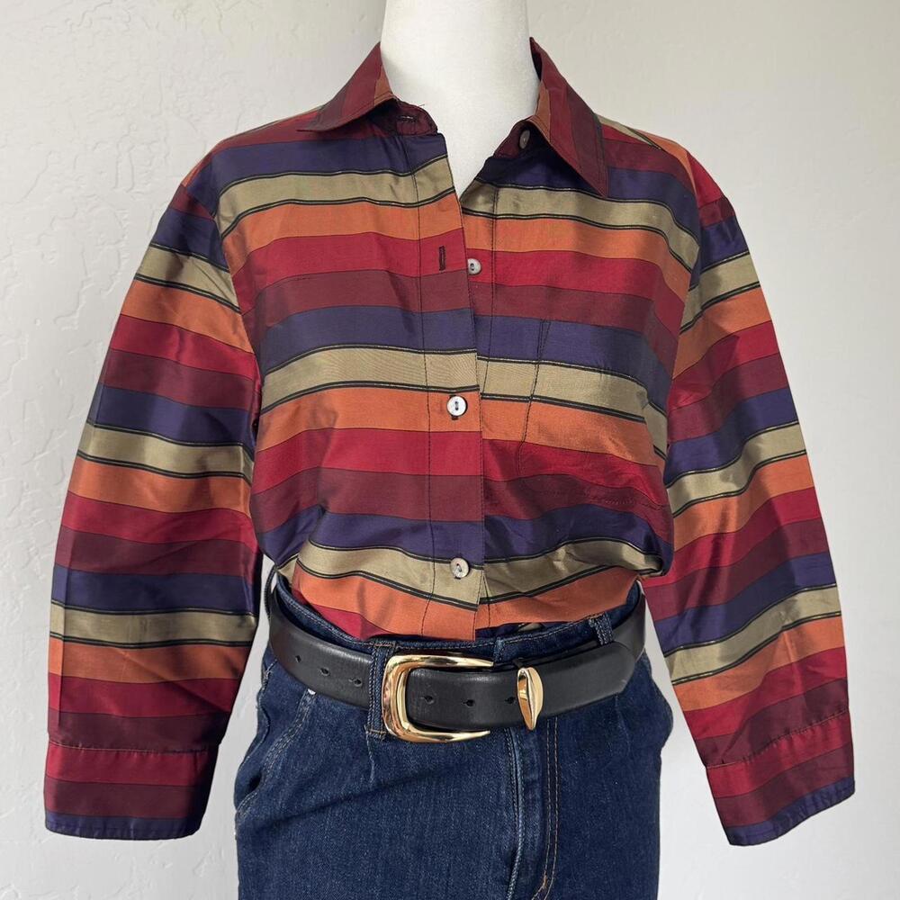 Vintage silk iridescent rainbow striped button up blouse with balloon sleeves